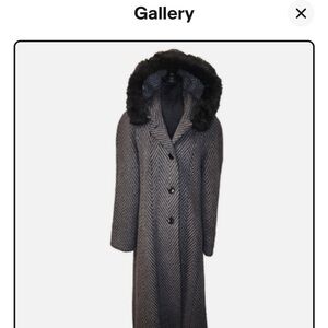 Andrea Marin Alpaca Wool Gray Herringbone Fur Trim Hood Long Coat Women Size 18
